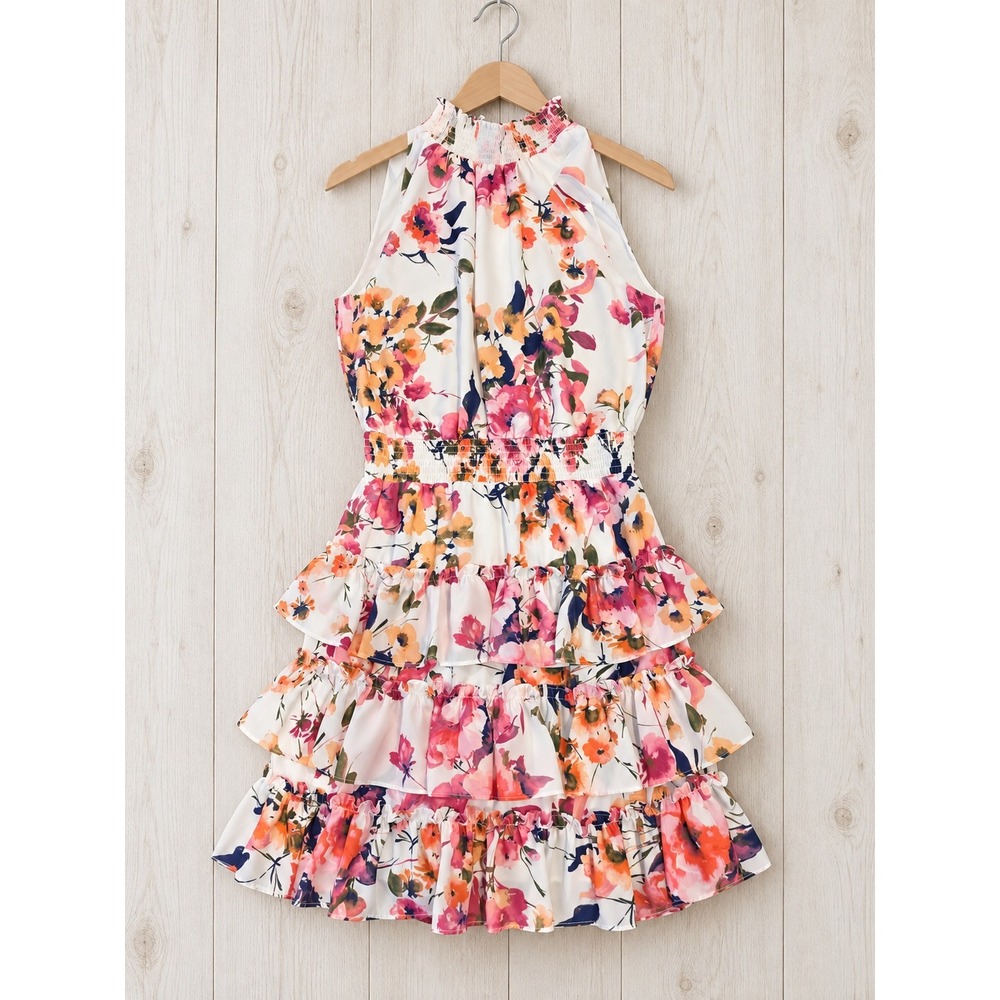 Sam and Jess Floral Smocked Tiered Ruffle Mini Dress White Pink Orange Small